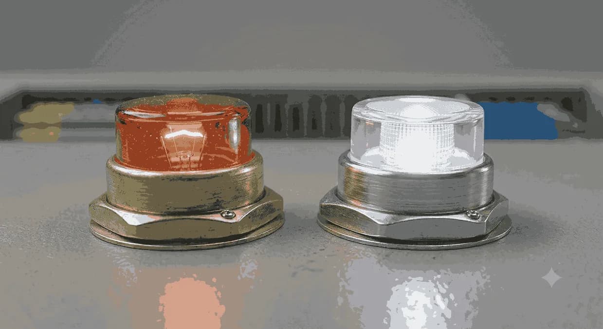 مقایسه یک چراغ سیگنال قدیمی با لامپ رشتهای و یک چراغ سیگنال مدرن LED در کنار هم
